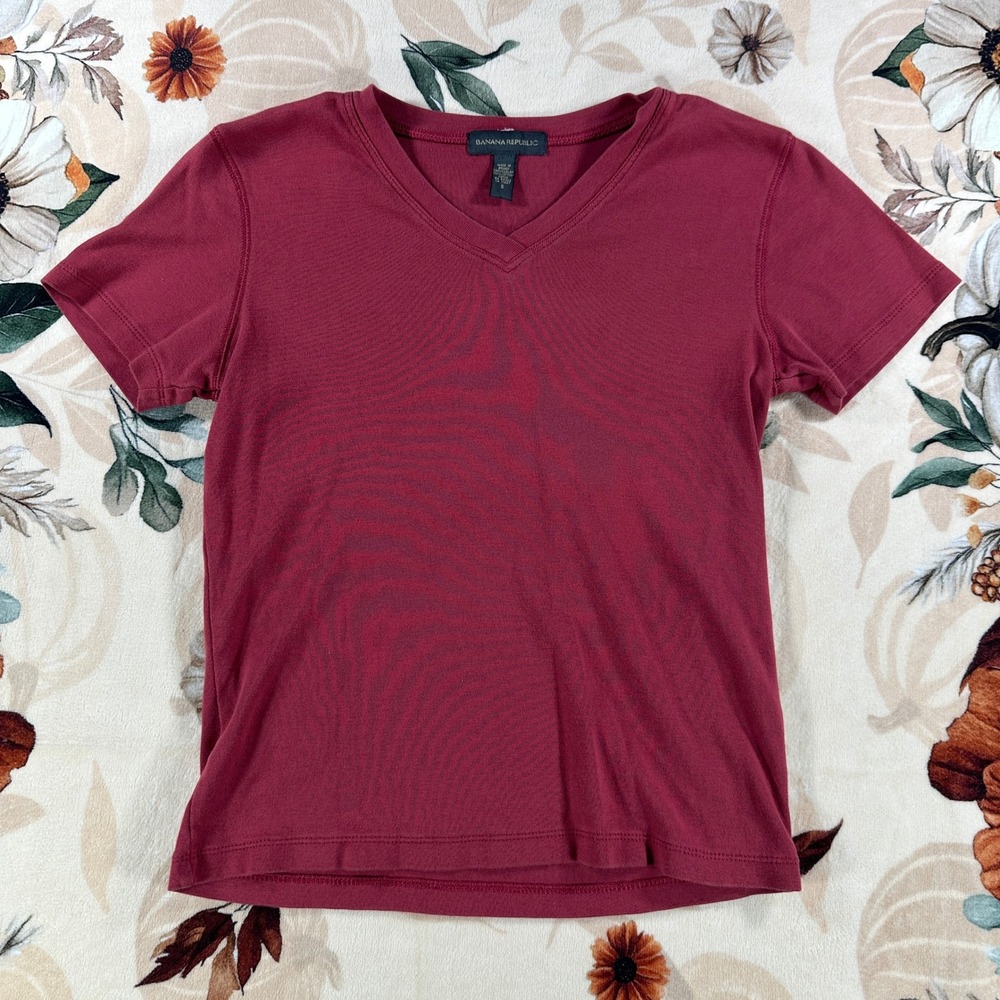 Banana Republic Womens V-Neck Short Sleeve T-Shirt Cotton Burgundy Size Small